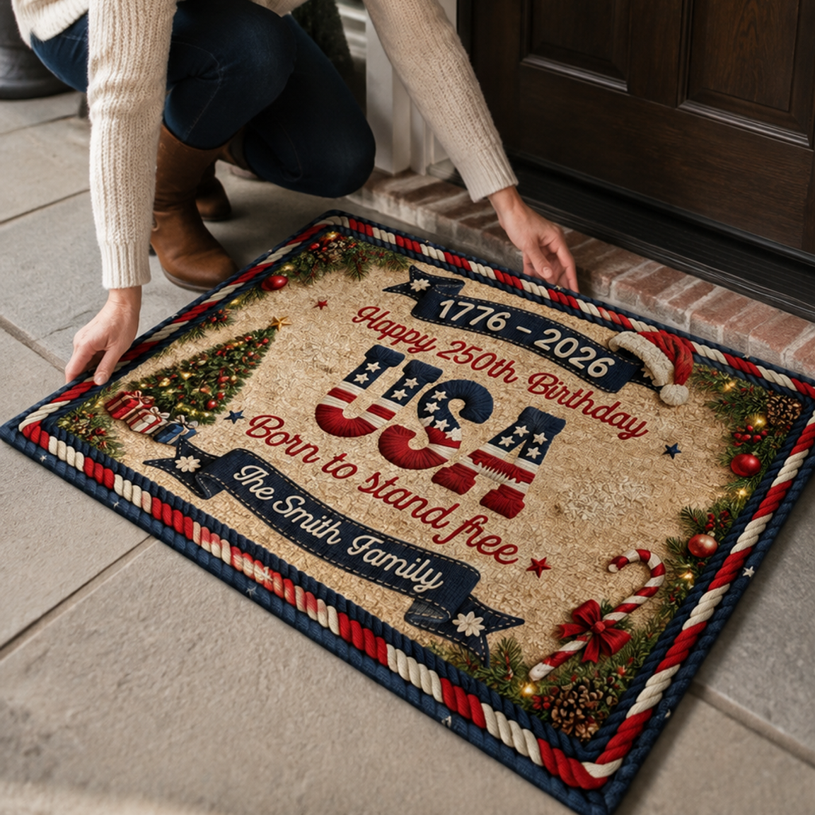 🎄Personalized USA 250th Birthday Christmas Doormat 🎇 | Custom Family Name 1776‑2026 Patriotic Holiday Front Door Mat Indoor Outdoor Decor Rug
