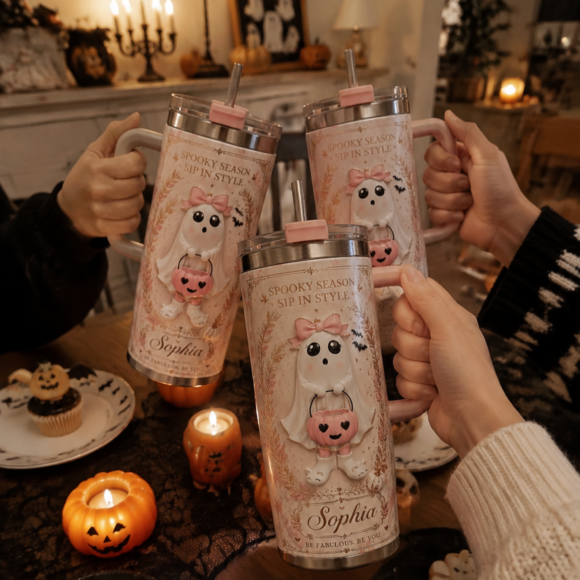 👻 Custom Name Pink Ghost Halloween Tumbler 🎀 | 40oz Insulated Stainless Steel Cup with Handle & Straw | Spooky Chic Fall Gift for Her