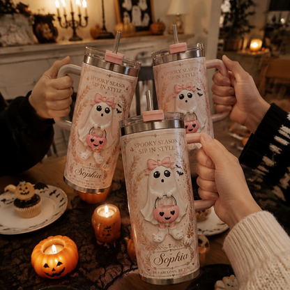 👻 Custom Name Pink Ghost Halloween Tumbler 🎀 | 40oz Insulated Stainless Steel Cup with Handle & Straw | Spooky Chic Fall Gift for Her