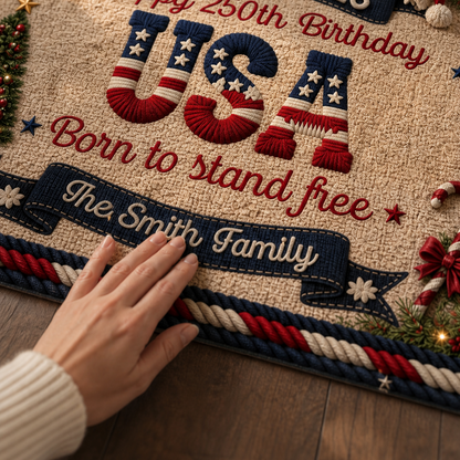 🎄Personalized USA 250th Birthday Christmas Doormat 🎇 | Custom Family Name 1776‑2026 Patriotic Holiday Front Door Mat Indoor Outdoor Decor Rug