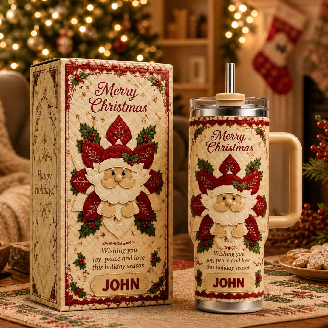 🎄 Personalized Christmas Santa Gnome Insulated Tumbler With Handle, Custom Text Holiday Travel Mug 30oz 40oz Gift Set