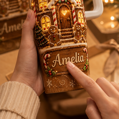 🏠 Personalized Gingerbread House Christmas Insulated Tumbler With Handle