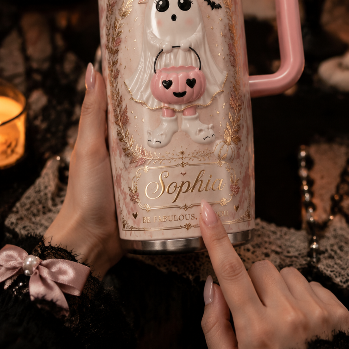 👻 Custom Name Pink Ghost Halloween Tumbler 🎀 | 40oz Insulated Stainless Steel Cup with Handle & Straw | Spooky Chic Fall Gift for Her
