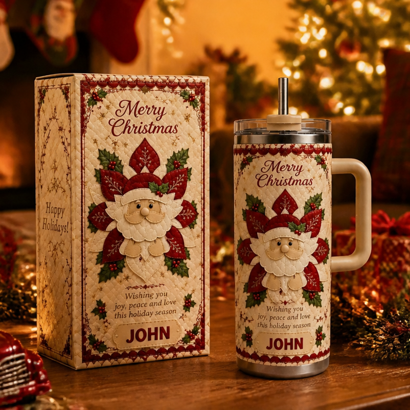 🎄 Personalized Christmas Santa Gnome Insulated Tumbler With Handle, Custom Text Holiday Travel Mug 30oz 40oz Gift Set