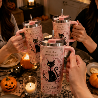 🐈‍⬛Personalized Name Black Cat Tumbler 🎁 30oz / 40oz Handle Stainless Steel Insulated Cup, Stay Chic Stay Spooky Custom Gift