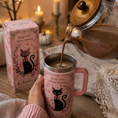 🐈‍⬛Personalized Name Black Cat Tumbler 🎁 30oz / 40oz Handle Stainless Steel Insulated Cup, Stay Chic Stay Spooky Custom Gift