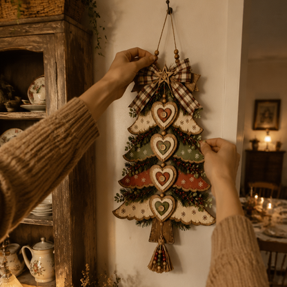 🎄Rustic Wooden Christmas Tree Wall Hanging Ornament 🎀 | Light‑Up & Non‑Light Versions Farmhouse Xmas Door Hanger with Plaid Bow & Heart Decor