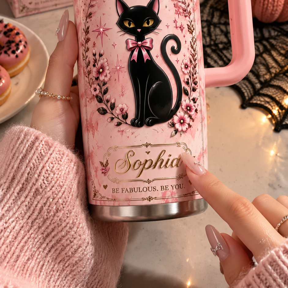 🐈‍⬛Personalized Name Black Cat Tumbler 🎁 30oz / 40oz Handle Stainless Steel Insulated Cup, Stay Chic Stay Spooky Custom Gift