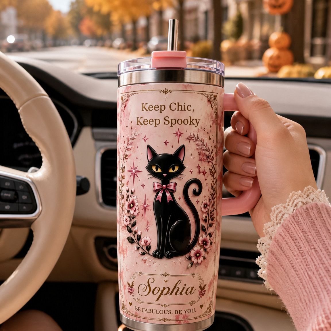 🐈‍⬛Personalized Name Black Cat Tumbler 🎁 30oz / 40oz Handle Stainless Steel Insulated Cup, Stay Chic Stay Spooky Custom Gift